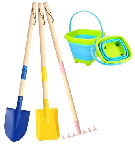 Kids Gardening Tools and Collapsible Bucket, Quality Kids Gardening Set Include Long Rake, Shovel, Spade and Foldable Bucket, Outdoor & Garden Toys for Kids Digging & Shoveling
