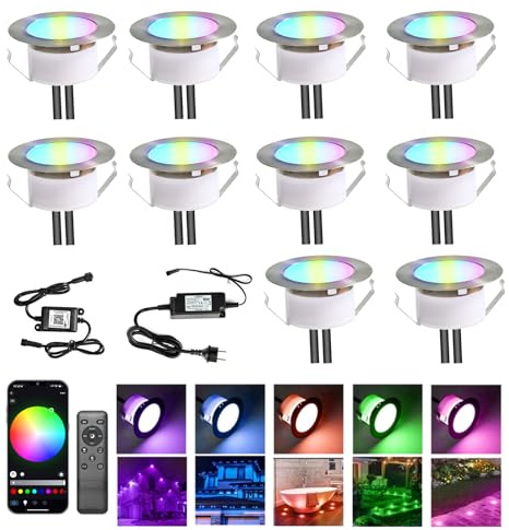 10er Wifi RGB Terassenbeleuchtungen Bodeneinbaustrahler aussen Arbeitet mit Alexa, DC12V Ø61mm 1.5W Große Größe Led bodenleuchten Einbaustrahler Boden Spots außenbereich