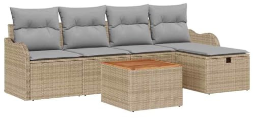 vidaXL Garten-Sofa-Set mit Kissen mit Speicher 6 pcs Beige Poly Rattan, Verstellbare Füße, modernes Garten-Sofa-Set, Bequeme Sitze, UV-beständig, modulare Terrassenmöbel für Patios