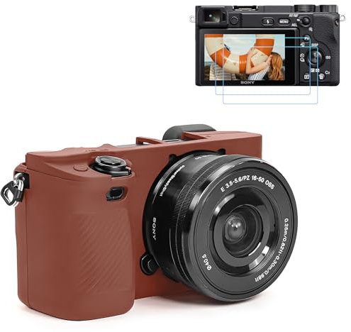TYUANDOUER A6400 A6300 A6100 Camera Case & LCD Screen Protector Accessories Kit, Soft Silicone Case for Sony Alpha A6400 A6300 A6100 Digital Camera, Body Cover with Grip - Dark Brown