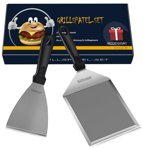 Rilltowpe Edelstahl Grillspachtel Set, Grillspachtel für Grillen, Plancha Spachtel, Grillzubehör für Männer, Geschenke für Männer