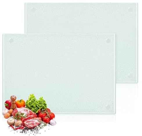 DGMI 2 Stück Schneidebrett Glas, 20x28cm Glasschneidebrett, Kratzfest Schneidbrett mit Rutschfesten Silikonfüßen, Hitzebestädig Glasplatte Ideal für Küchenarbeitsplatte oder TischSchneidebrett
