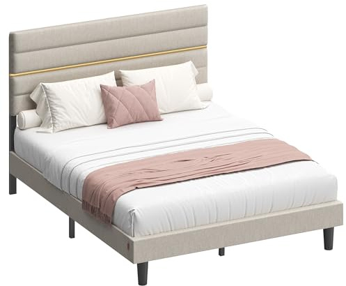 VASAGLE Polsterbett, Doppelbettgestell, 140 x 200 cm, Massivholz | Bettgestell, verstellbares gepolstertes Kopfteil, Metall, traditionell, Cappuccino-Beige, KACY Kollektion RMB504LH01