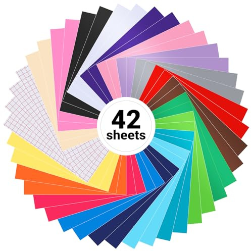 42-tlg. Set Vinylfolie Plotter – Selbstklebende Plotterfolie Vinyl, 30,5x21 cm, 19 Farben, inkl. Transferfolie, geeignet für Cricut, Logos, Autoaufkleber, Werbeschilder, DIY und Modelle