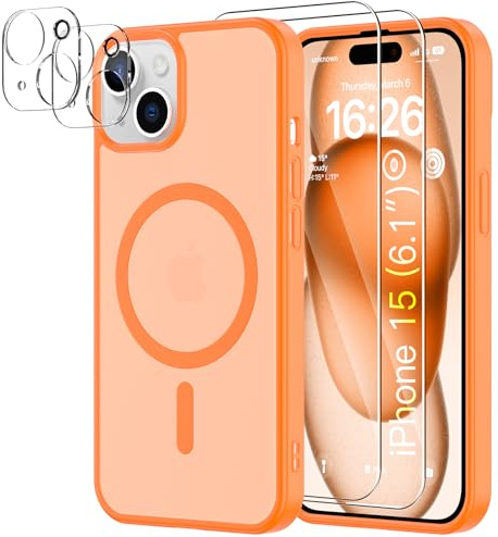 YNMEacc 5 in 1 Magnetic for iPhone 15 Case 6.1-Inch with 2X Screen Protector + 2X Lens Protector, [Compatible with MagSafe] Military-Grade Protection, Slim Shockproof Anti-Scratch Cover - Orange