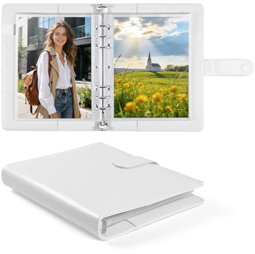 PU Leder Photo Binder für 5x7 Zoll (13x18 cm) Fotos, 30 Bogen (60 Seiten) Fotokarten Hüllen, 6-Ring Binder Photocard Album mit Top Loading, Vielseitig für Photocards, Dokumente & Zertifikate (Weiß)