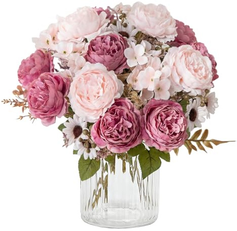 Pfingstrose Künstliche Blumen 2 Bündel Kunstblumen Wie Echt Blumenstrauß | Künstlich Blumenstrauß Rosa Seidenblumen Kunstblumen Faux Hydrangea Rosenstrauß für Hochzeit Partei Küche Tisch Dekor