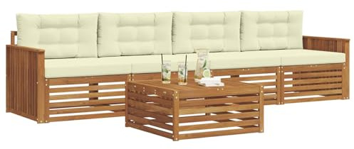 vidaXL Outdoor-Sofagarnitur mit Kissen 5 pcs Natur und Creme, Gartenlounge, modernes Outdoor-Sofa, Sitzmöbel für die Terrasse, langlebige Komfort-Einheit