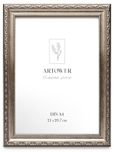 Artower Barock Bilderrahmen Silber DIN A4 21x30 cm Kleine Vintage Antik Fotorahmen mit Acrylglas – Kunststoff Rahmen für Foto, Poster, Kinderzeichnungen, Fotowand, Collage Wand Deko
