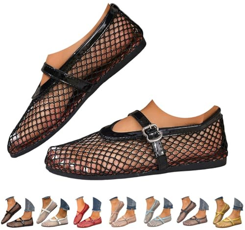 Mesh Ballet Flats for Women - Fishnet Mary Jane Shoes Casual Ballerina Flats Ladies Summer Flat Shoes Wide Width Casual Summer Daily Dress Flat Mary Janes