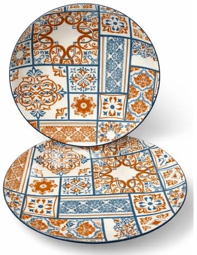 Cecaro Group Servizio Piatti 12 Pezzi in Ceramica – Linea Maiolica Azzurra e Arancio –– Set Tavola Elegante e Resistente