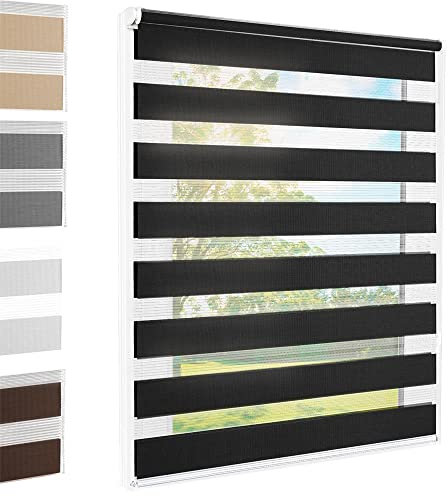 Doppelrollo Klemmfix ohne Bohren Schwarz 60x220 cm [Stoffbreite 56cm] Duo Rollo Fensterrollo für Fenster/Türen Gardine Klemmrollo Seitenzugrollo Sichtschutz Sonnenschutzrollo Zebrarollo
