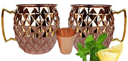 Rastogi Handicrafts Lot de 2 tasses avec 1 verre à shot en cuivre – Tasse Moscow Mule – Tasses en forme de marteau de diamant – Tasses à cocktail/verres