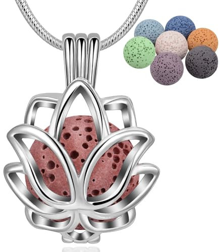 INFUSEU Aromatherapie Aroma Diffuser Kette, Lotus Versilbert Anhänger Duftstein Damen Meditationskette Schmuck mit 24 Kette & 7 wiederverwendbaren Lava Perlen