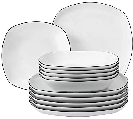 Seltmann Weiden Lido Black Line - Vajilla cuadrada (12 piezas), color blanco y negro