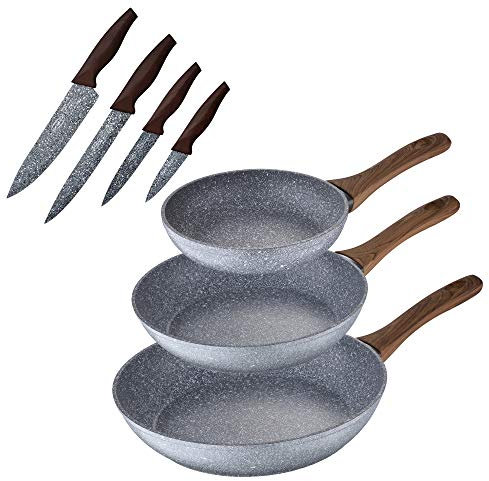 San Ignacio Set 3 Pfannen Ø20 Ø24 und Ø28 + Set Messer, Daimiel, geschmiedetes Aluminium, Induktion