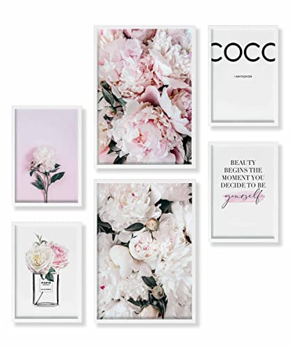 Heimlich® Premium Poster Set mit Bilderrahmen Holz Weiss | 2 x DIN A3 & 4 x DIN A4 - ca. 30x42 & 21x30 | Stilvolle Poster Collagen mit passenden Bilder als Wanddeko » Pfingst-Rose Coco «