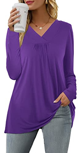 Florboom Ladies Tops V-Neck Plain T-shirt Casual Long Sleeve Blouses Purple 18 20