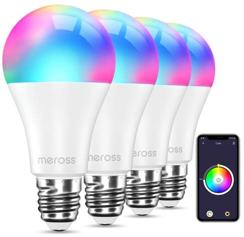 Smart LED Lampe, Meross WLAN dimmbare Glühbirne intelligente Mehrfarbige Birne Äquivalent 60W E27 2700K-6500K RGBCW kompatibel mit Alexa, Google Home und SmartThings 4St.