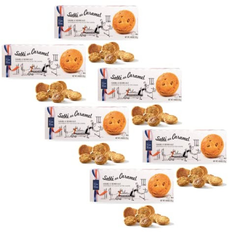 Filet Bleu | 6 Karamell Drops Keksdosen | Shortbread mit Karamell und gesalzener Butter | Sablé Französische Kekse im Etui - 750 Gramm | 72 Shortbread mit gesalzener Butter
