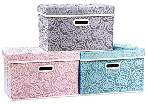 Prandom Storage Boxes with Lids Large.Rose Pattern Fabric Decorative Storage Box, Really Useful Box,Clothing Storage,Cubes Organizers,Collapsible,Stackable,45x30x30cm,Multicolor[3-Pack]