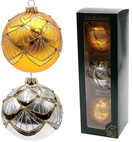 Dekohelden24 Lauschaer Christbaumschmuck - 3er Set Glaskugeln in Gold und Anthrazit, mundgeblasen und handdekoriert, mit Goldkrönchen, Größe Ø ca. 8 cm