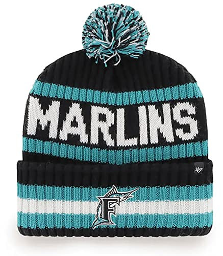'47 Miami Marlins Herren Damen Cooperstown Bering Cuff Knit Stretch Fit Black Team Color Logo Beanie, Schwarz, Einheitsgr��e