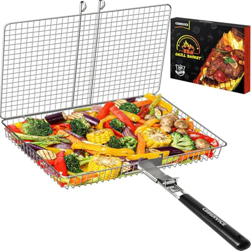 CEBERVICE Cesta de parrilla extra grande, acero inoxidable SUS304, portátil, plegable, para barbacoa, camping, parrilla para pescado, verduras, camarones, parrilla, accesorios de cocina, regalos para