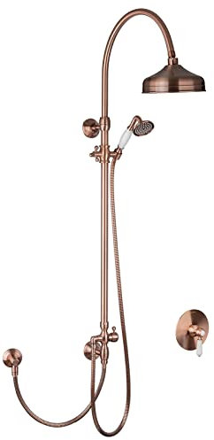 PaulGurkes Kupfer Dusch-Set mit Unterputz-Armatur Nostalgie Retro Duschsystem Aufputz Dusche mit Unterputzarmatur Rote Bronze Landhausstil Antik Handbrause Duschkopf Duschstange