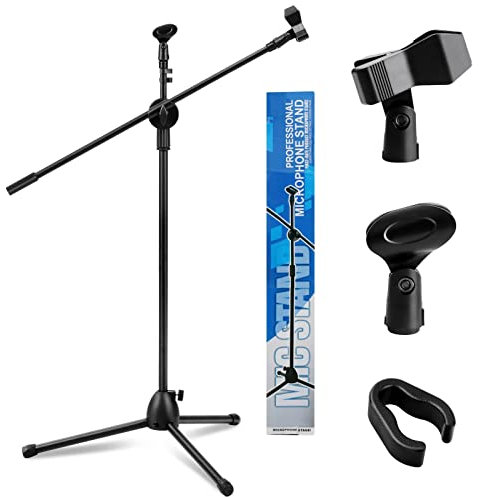 Holdfiturn Microphone Stand Adjustable Straight Collapsible Studio Holder with Free Tripod Telescoping Mic Clip Adapter Tripod Base for Musicians Party Stage (73-175cm)