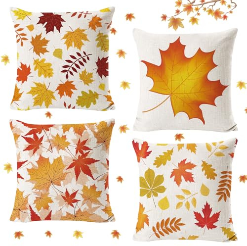 Giugio Herbst Kissenbezug 45x45, Ahornblatt Herbst Kissenbezüge 4er Set, Sofakissen Leinen Kissenbezüge Herbst Dekoration Outdoor Kürbis Kissen, für Schlafzimmer Wohnzimmer Couch Zierkissen