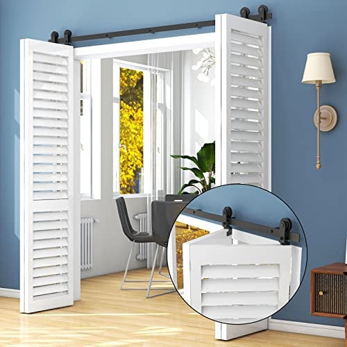 TSMST 183cm/6ft Bi-Falte Schiebetürsystem Komplett-Set, Platzsparende Scheunentür Spur Set für 4 Türen,Glatt und Ruhig,T-Form(keine Tür)