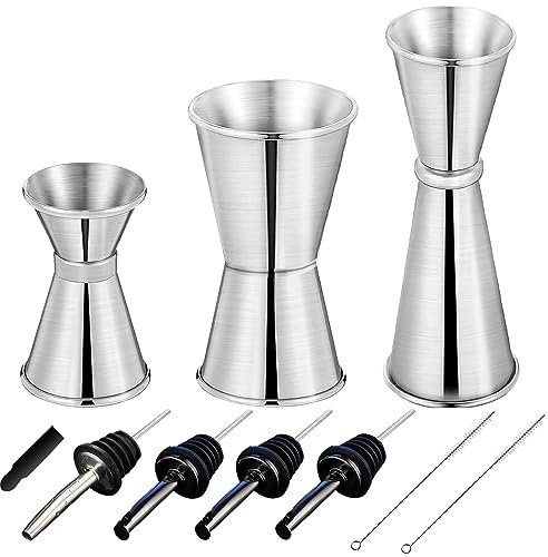 RUIJIE 3 Pièces Doseur Cocktail 30/50/70ml Double Doseur à Alcool en Acier Inoxydable Tasse à Mesurer avec 4 Verseur de Vin Bouteille & 2 Pinceaux Mesure Jigger pour Bar Maisons Fête Vin Gin Shaker