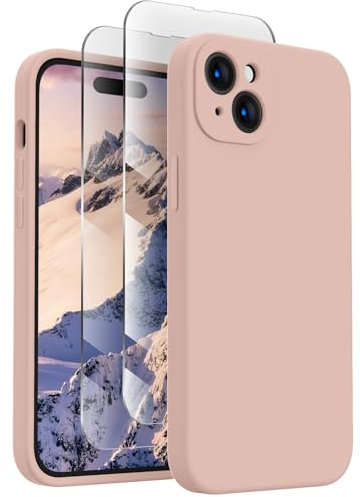 FireNova Designed for iPhone 15 Case, Silicone Upgraded [Camera Protection] Phone Case with [2 Screen Protectors], Soft Anti-Scratch Microfiber Lining Inside, 6.1 inch, Pinksand