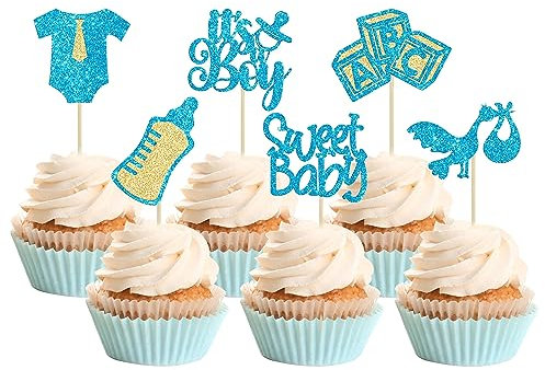 Gyufise 24Pcs Baby Shower Sweet Baby Cupcake Toppers It's a Boy Cupcake Picks Glitter Tie Onesie Baby Bottle Cake Picks Decorations for Gender Reveal Baby Shower Boys Birthday Party Supplies Blue