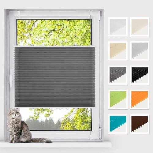 BelleMax Plissee ohne Bohren Klemmfix, Anthrazit 90x130cm(BxH), Easyfix lichtdurchlässig Sichtschutz und Sonnenschutz, Jalousie Plisseerollo mit Klemmträger, Faltrollo für Fenster & Tür