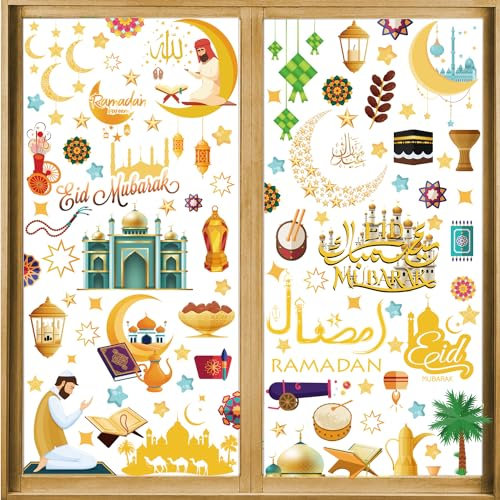 Ramadan Fensterbilder,Ramadan Eid Mubarak Dekorationen, Fensterbilder Eid Mubarak Selbstklebend Ramadan Sticker Fenster Deko Fenstersticker Stern Halbmond Fenster Aufkleber Fensterdeko