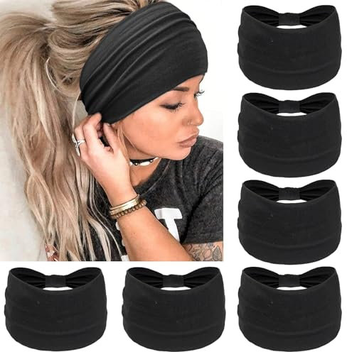 PROPOG Haarband Boho Stirnband Damen Breit Haarbänder Elastische Stirnbänder Yoga Kopfband Damen 6 Pcs Haarschmuck (Schwarz)