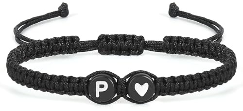 Aospkle Anfangsbuchstaben-Armband für Frauen Männer Teenager Mädchen, Alphabet handgefertigt schwarz einstellbar Geflecht Seil Herz Armband, Schmuck Geschenke für Tochter Muttertag Mama Schwester P