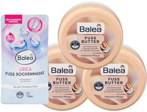 Balea 4er-Set Fußpflege: Fußmaske Sockenmaske UREA für strapazierte Fußhaut mit 10% Urea (1 Paar) 2 St + FUßBUTTER intensive Pflege für trockene Füße mit Cupuaçubutter & Cocosöl (3 x 150 ml), 450 ml