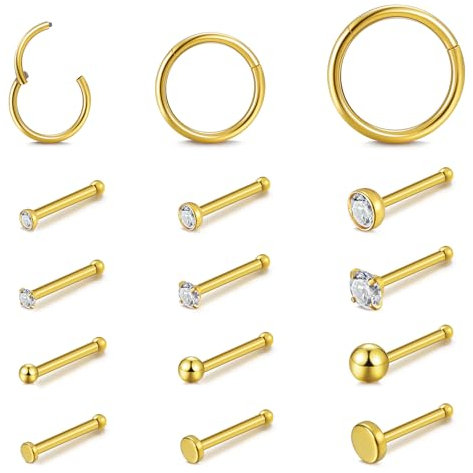 FANCH 18G Nasenring 20G Nasenpiercings Set Damen Herren,Hypoallergener 316L Chirurgenstahl Clicker Segment Nasenring Helix Knorpel Daith Tragus Sleeper Ohrring Gerade Gold Nasenpiercings