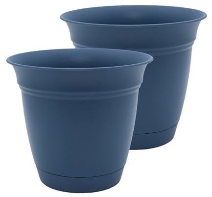 The HC Companies Eclipse Lot de 2 Pots de Fleurs Ronds avec Soucoupe, extérieur et intérieur, Trous de Drainage, légers et résistants aux UV, pour Plantes, Fleurs et Herbes, 30,5 cm, Bleu Ardoise