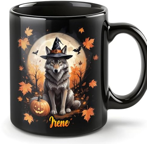 Smile Lab Personalised Halloween Wolf Mug, Gift for Wolf Lover, Custom Name Coffee Cup