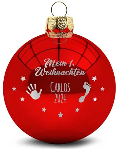 GRAVURZEILE Weihnachtskugel mit Gravur - Mein erstes Weihnachten - Personalisiert mit Namen & Jahr - Festliche Christbaumkugel für die Weihnachtsdeko - Farbe: Rot Glänzend - Größe: 8 cm