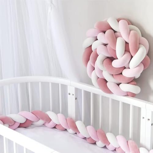 RZYW Bettschlange Baby, Bettschlange Geflochten, Baby SeitenschläFerkissen, Kantenschutz Bettumrandung Knotenkissen, Nestchenschlange Babybett, Zierkissen Stillkissen,White pink DarkPink,4m