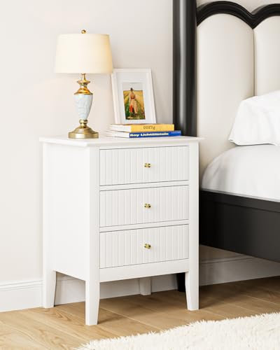 HEYZOEY Nachttisch, Retro Nachtschrank mit 3 Schubladen, Massivholz Nachttisch, Boho Nachtkommode für Schlafzimmer, Wohnzimmer, Weiß