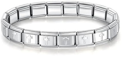 M&S Starter Bracelet Bangle Gold Rose Silver Stainless Steel 9mm Italian Link Charm Compatible With Nomination Bracelet (Cross Crucifix Bracelet)