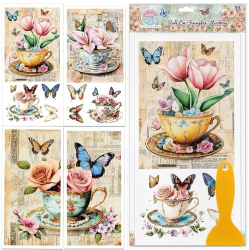 GLOBLELAND 4 Blatt Vintage Teetassen Transferfolien Blumenstrauß Schmetterlinge Möbeldekor Transferfolien Vintage Tulpen Rosen Aufkleber Transferfolien Für Schlafzimmer Wohnzimmer Tischdekoration