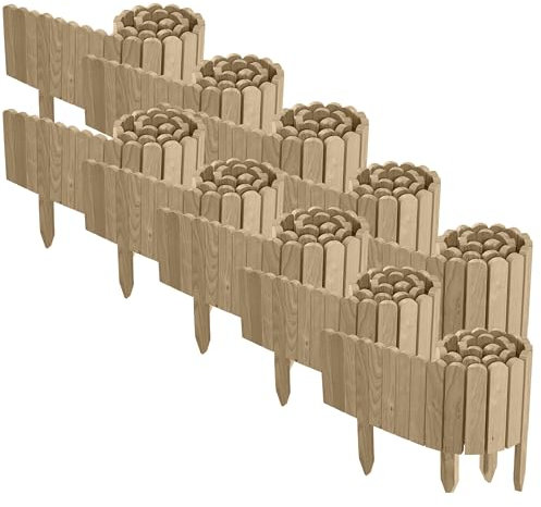 Floranica 20 m Beeteinfassung Flexibler Holzzaun 10 St. 2 m x 20 cm Unbehandelt Steckzaun aus Kiefernholz Rasenkante Teichzaun Rollboard 10 tlg Erweiterbares Zaunset für Garten
