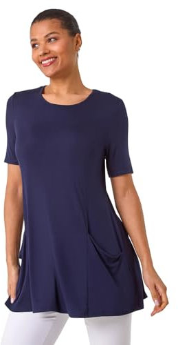 Roman Originals Swing Top with Pockets for Women UK Ladies Hanky Hem Asymmetric Tunic Blouse Longline Long Stretch Jersey Casual Round NeckTee Shirt T-Shirt - Plain Navy - Size 20